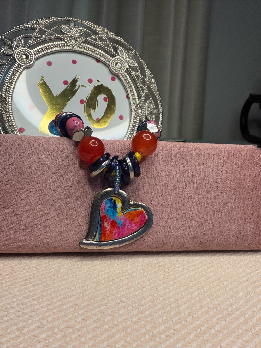 Artisan Abstract Watercolor Enamel Heart Charm Stretch Bracelet Carnelian Agate